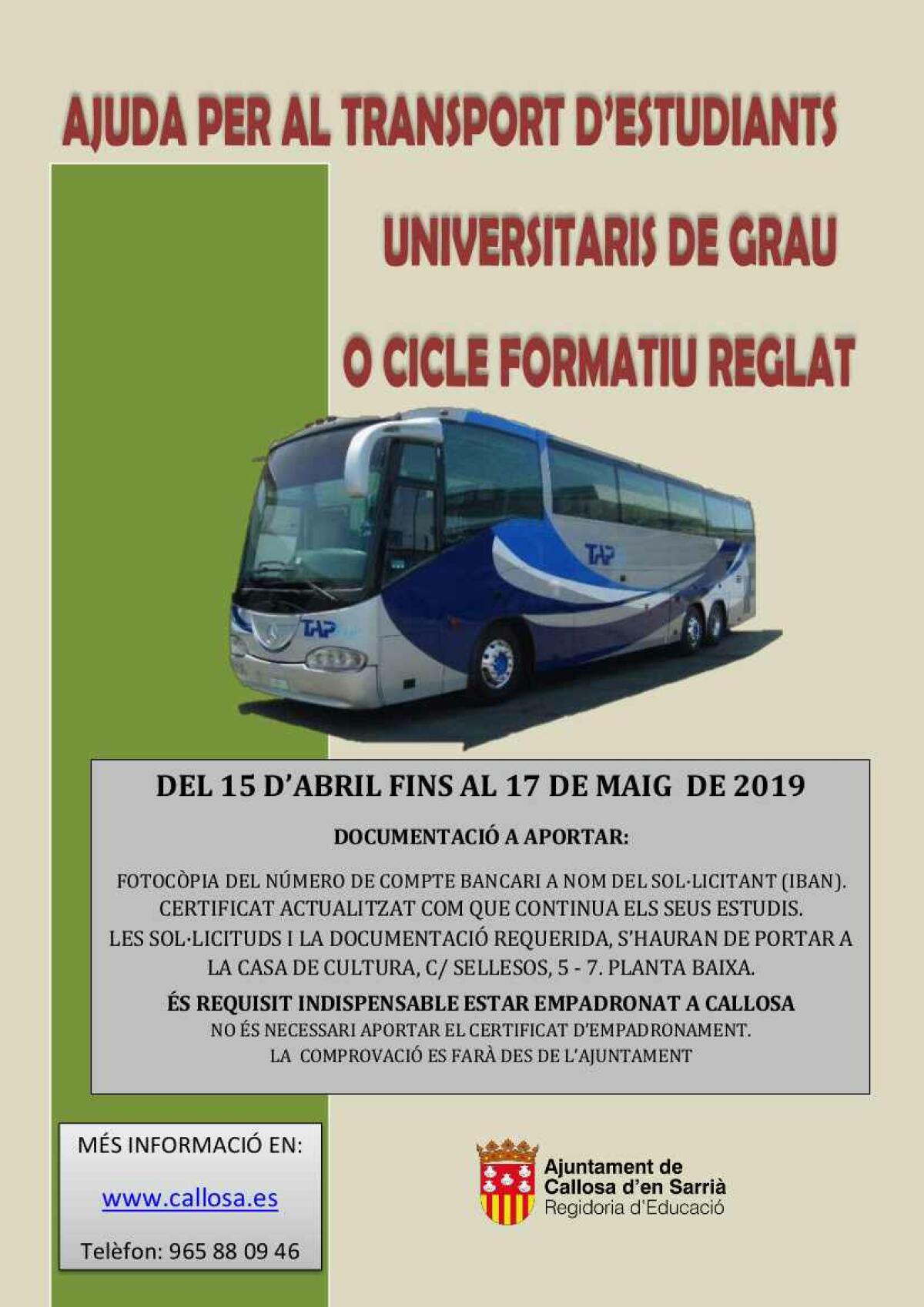 Callosa // Este viernes finaliza el plazo para solicitar las ayudas al transporte de estudiantes universitarios y de Ciclos Formativos