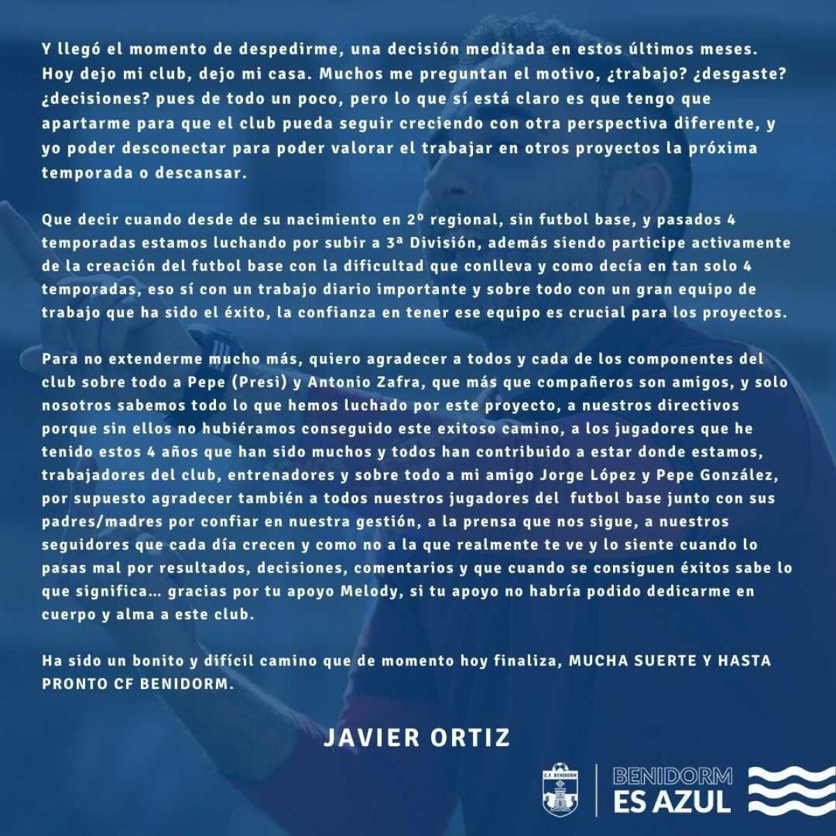 Javier Ortiz deja de ser el Director Deportivo del CF Benidorm