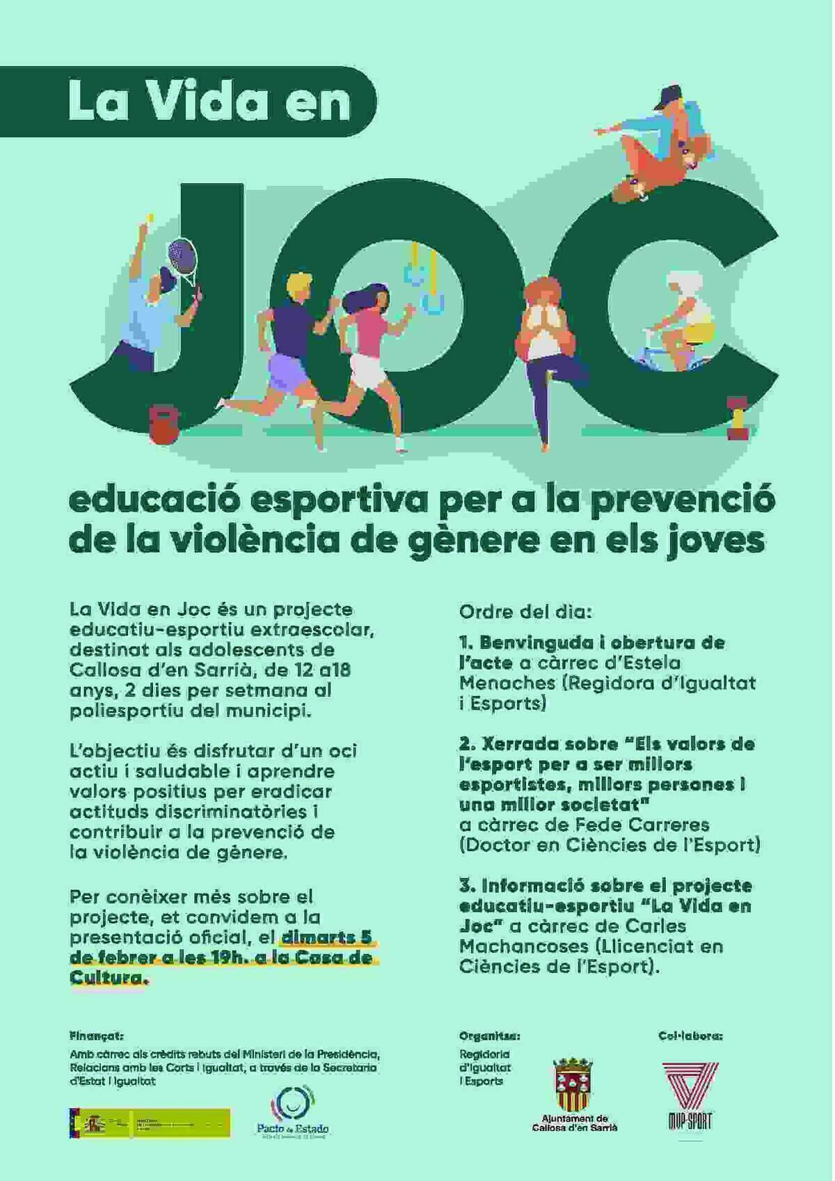 Callosa d’en Sarrià desarrollará el proyecto de educación deportiva ‘La vida en joc’ para la prevención de la violencia de género