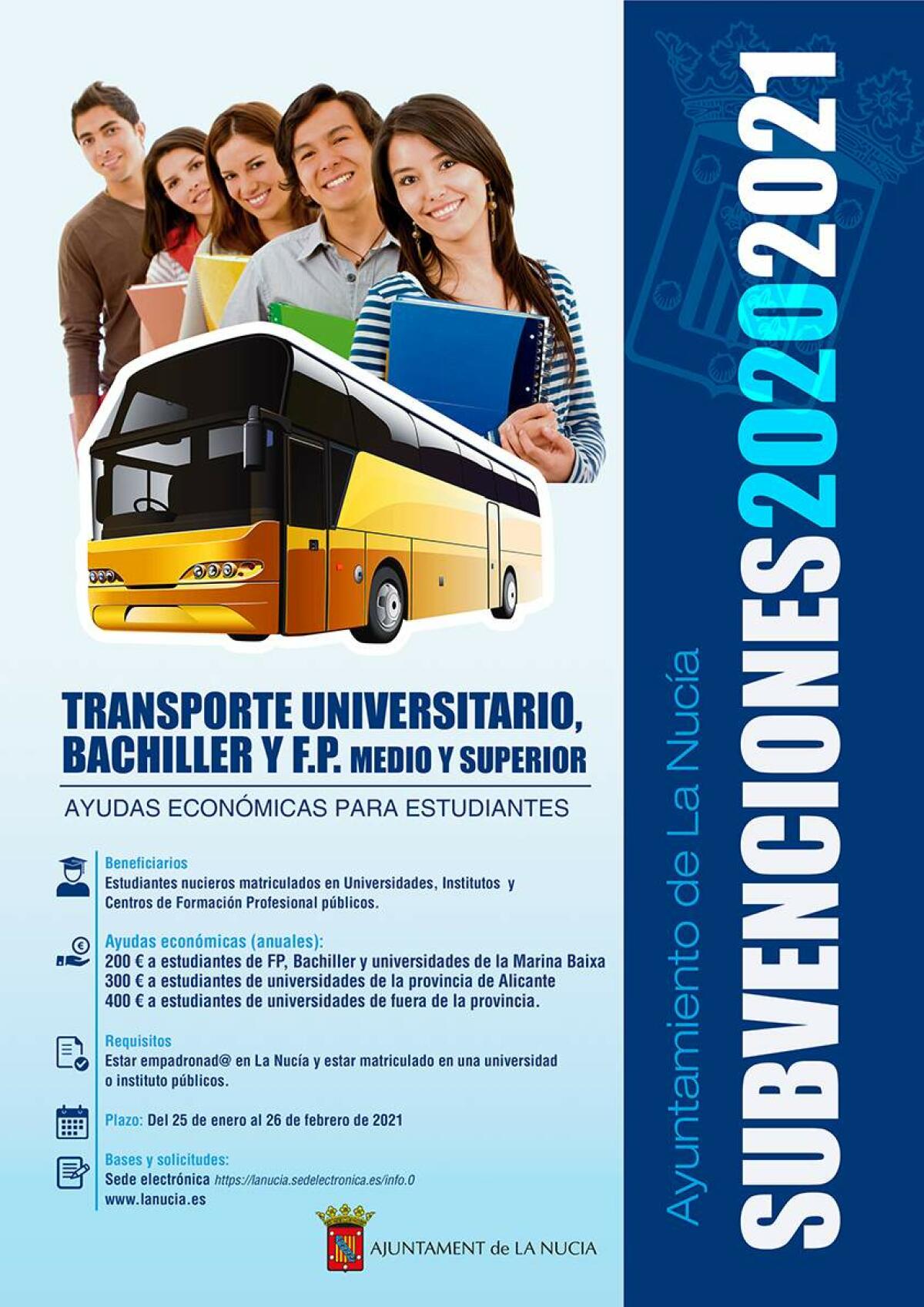 Últimos días para solicitar la Subvención de Transporte Universitario,  Bachiller y FP