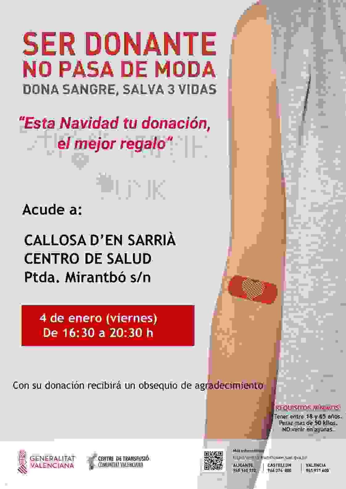 Donación de Sangre el próximo 4 de enero en el Centro de Salud de Callosa d’en Sarrià