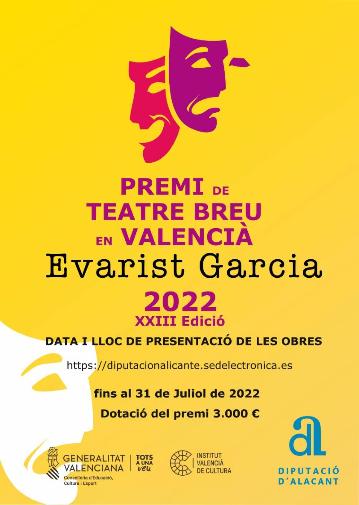La Diputación de Alicante abre la convocatoria del Premi de Teatre Breu en Valencià Evarist Garcia 2022