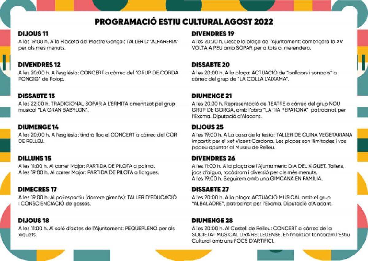 Agenda de cultura gratuita comarcal del 15 al 21 de agosto