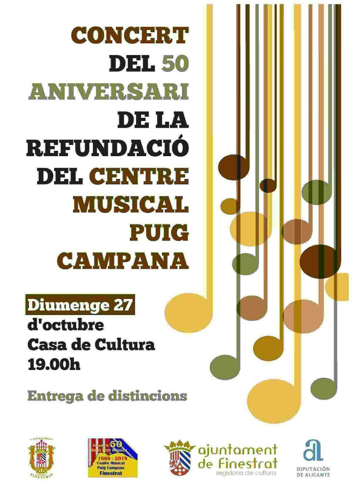 Este domingo comienza el año conmemorativo de actos por el 50º aniversario de la refundación del Centre Musical Puig Campana
