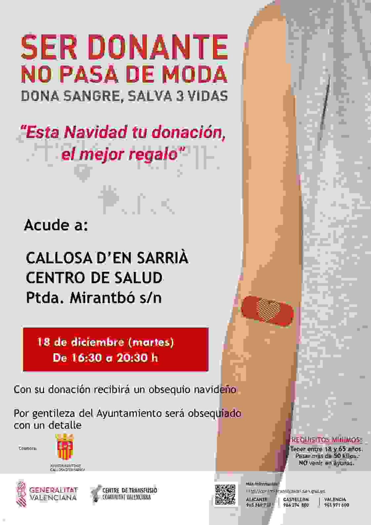 Donación de Sangre el próximo 18 de diciembre en el Centro de Salud de Callosa d’en Sarrià