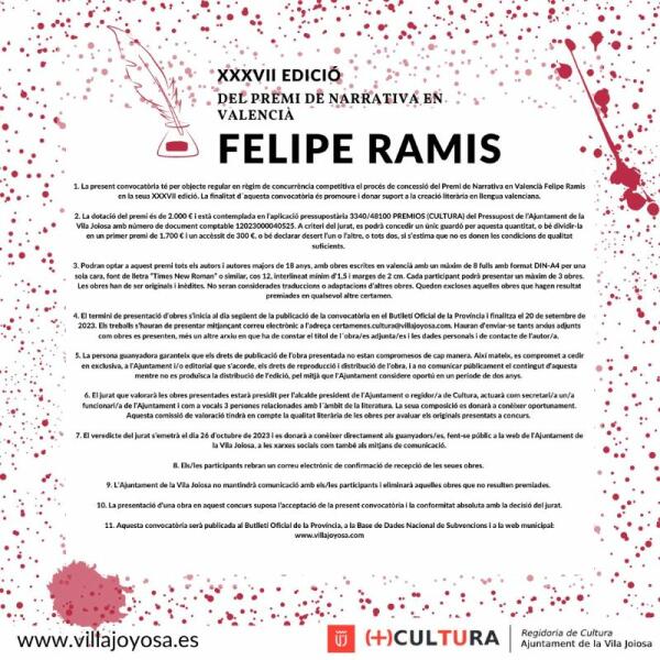 El Ayuntamiento de Villajoyosa convoca la 37 edición del Premi de Narrativa en Valencià Felipe Ramis